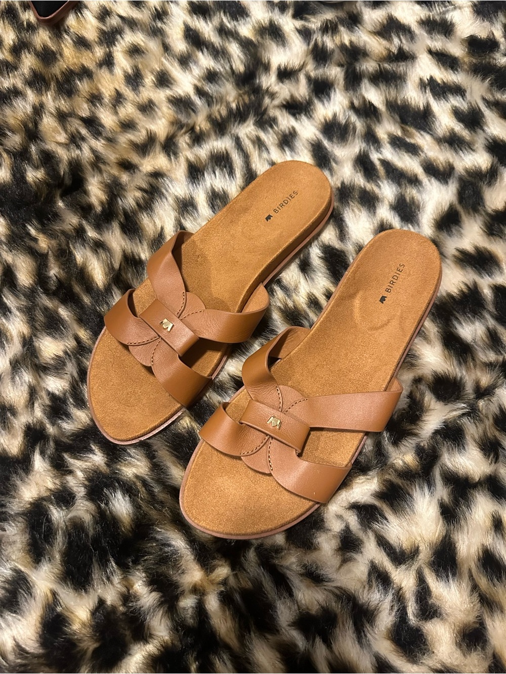 Birdies Cognac Leather Slide Sandals - Tan